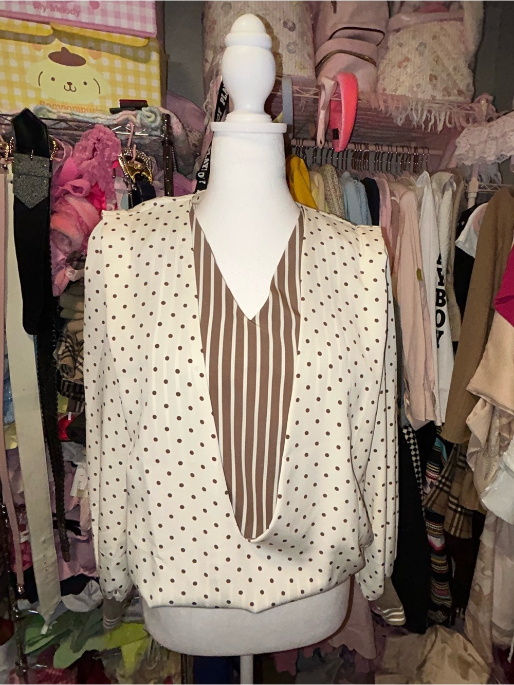 Cream and Brown Polka Dot V-Neck Blouse with Striped Insert
